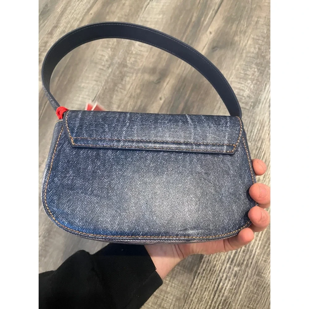 Diesel 1DR Denim Print Leather Shoulder Bag Blue Silver D Logo X08396 H7663